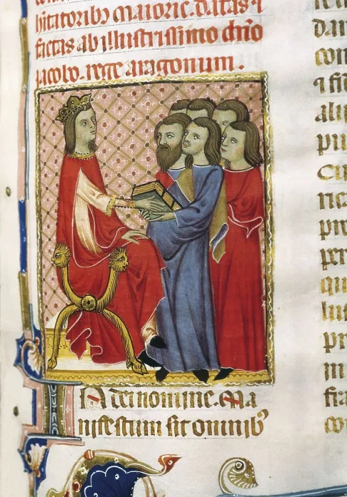 Framed Print : Jaime II (1243-1311). 'Llibre de franqueses i privilegis del regne de Mallorca'. Fol. 61. Representation of the king still being prince in a meeting with courtisans Framed Print : Jaime II (1243-1311). 'Llibre de franqueses i privilegis del regne de Mallorca'. Fol. 61. Representation of the king still being prince in a meeting with courtisans
