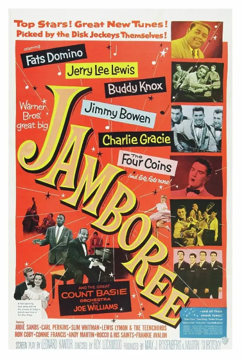 Framed Print : JAMBOREE, US poster art, lower left: Joe Williams, Count Basie, right from top: Fats Domino, Jerry Lee Lewis, Buddy Knox, Jimmy Bowen, Charlie Gracie, The Four Coins, 1957