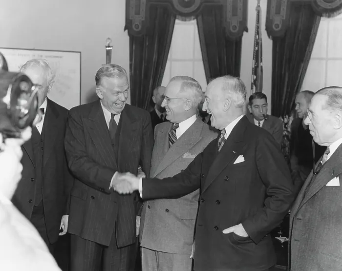 Framed Print : James Byrnes (right) congratulating George Marshall upon his swearing in as Secretary of State Framed Print : James Byrnes (right) congratulating George Marshall upon his swearing in as Secretary of State