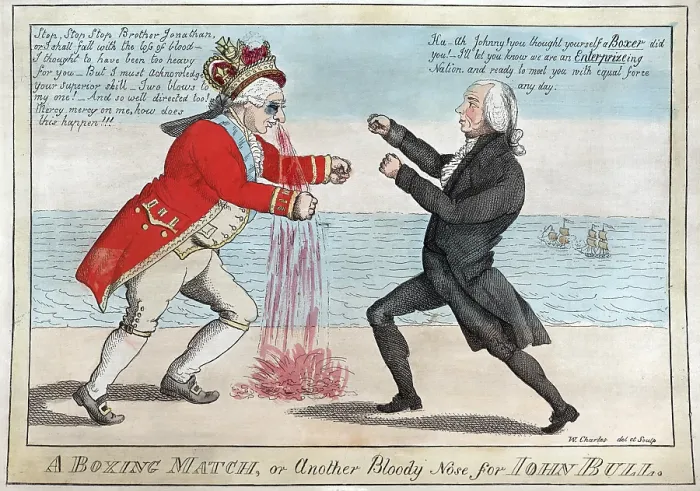 Framed Print : James Madison, A boxing match, or another bloody nose for John Bull, political cartoon ca. War of 1812, ca. 1813