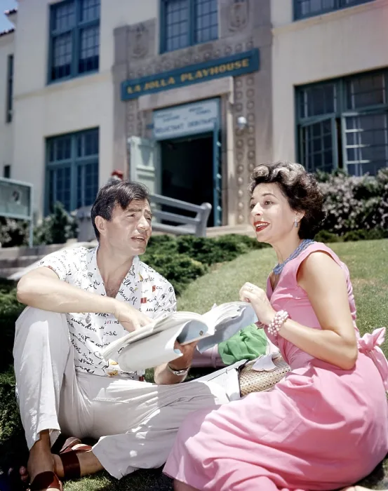 Framed Print : James Mason and his first wife, actress Pamela Mason, in front of the La Jolla Playhouse, where they will be appearing in PAUL AND CONSTANTINE, summer 1957