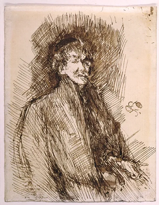 Framed Print : James McNeill Whistler (1834-1903), self-portrait drawn in his abstracted impressionist style. Ca. 1899