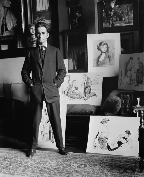 Framed Print : James Montgomery Flagg, American magazine illustrator with several of his drawings, c. 1913. He would achieve fame with his 1917 painting of Uncle Sam in the I Want YOU for U.S