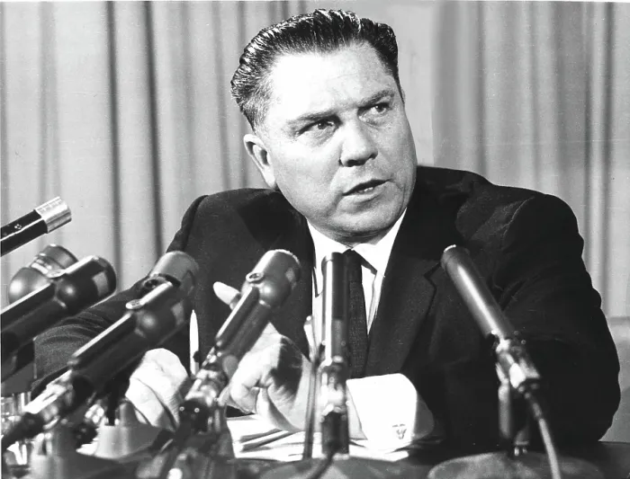 Framed Print : JAMES R. HOFFA- The union leader during a press conference announcing wage-benefit demands on the trucking industry. 11 / 6 / 63. Courtesy: CSU Archives / Everett Collection Framed Print : JAMES R. HOFFA- The union leader during a press conference announcing wage-benefit demands on the trucking industry. 11 / 6 / 63. Courtesy: CSU Archives / Everett Collection
