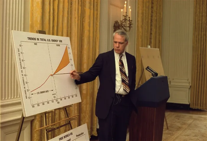 Framed Print : James Schlesinger b. 1929 giving a briefing on energy when he was the First Secretary of Energy during the Jimmy Carter Administration. Ca. 1977-79