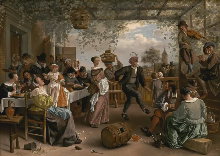 Framed Print : Jan Steen, by The Dancing Couple, 1663, Dutch painting, oil on canvas. At a party, gathered under a grape arbor, a staid, well-dressed girl dances with a robust country man