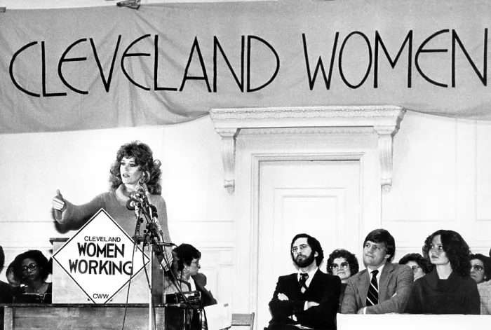 Framed Print : Jane Fonda, speaking to the supporters of Cleveland Women Working group, Cleveland, OH, ca. 1979. Courtesy: CSU Archives  /  Everett Collection