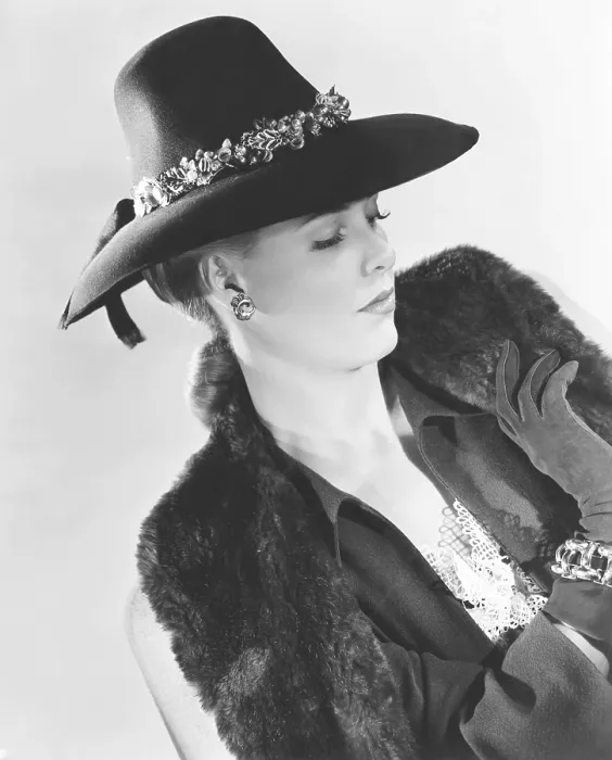 Framed Print : Janis Carter wearing a hat from I. Magnin & Co. 1946