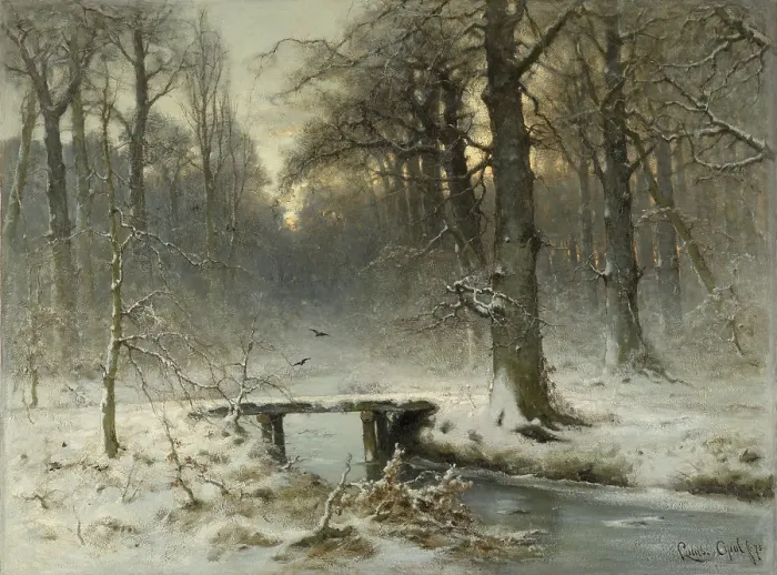 Framed Print : A January Evening in the Woods of The Hague, by Louis Apol, 1875, Dutch painting, oil on canvas. Winter scene with woods, and snow covered bridge over a stream (BSLOC_2016_2_10) Framed Print : A January Evening in the Woods of The Hague, by Louis Apol, 1875, Dutch painting, oil on canvas. Winter scene with woods, and snow covered bridge over a stream (BSLOC_2016_2_10)