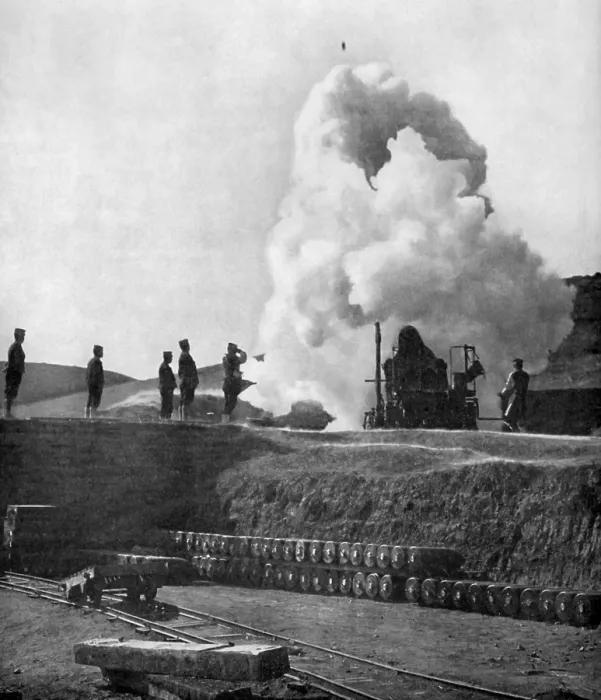 Framed Print : A Japanese 11 inch siege gun fires on Port Arthur during the Russo-Japanese war. The 500 pound shell can be seen in flight above the gun (BSLOC_2017_18_103) Framed Print : A Japanese 11 inch siege gun fires on Port Arthur during the Russo-Japanese war. The 500 pound shell can be seen in flight above the gun (BSLOC_2017_18_103)