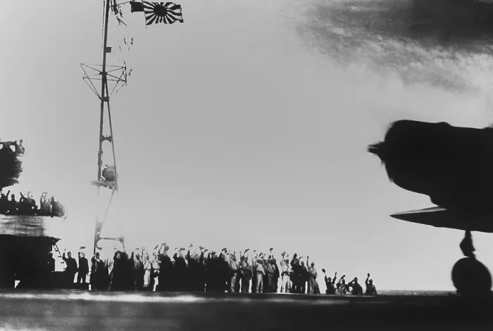Framed Print : Japanese aircraft carrier crew waves to planes taking off to bomb Pearl Harbor, Dec. 7, 1941. (BSLOC_2013_11_135)