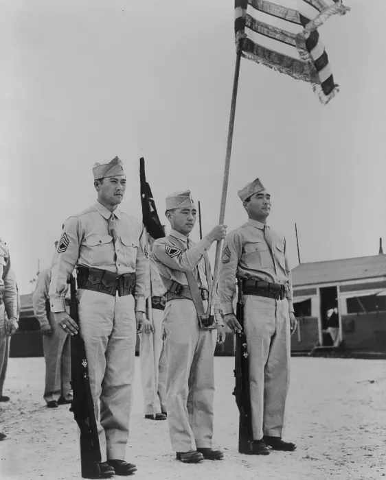 Framed Print : Japanese American Masaoka brothers, and flank flag bearer at Camp Shelby, Mississippi, April 1944