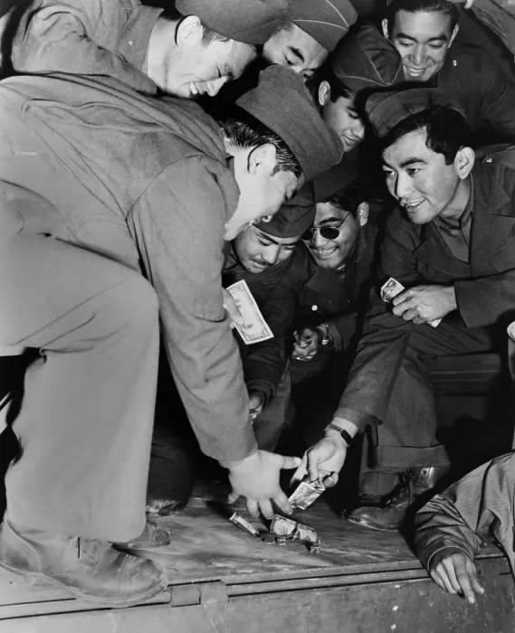 Framed Print : Japanese-American soldiers of the 442nd Regiment in game of galloping dominoes, (dice). Camp Shelby, Mississippi, June 1943 during World War 2. (BSLOC_2013_11_176) Framed Print : Japanese-American soldiers of the 442nd Regiment in game of galloping dominoes, (dice). Camp Shelby, Mississippi, June 1943 during World War 2. (BSLOC_2013_11_176)