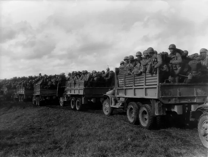 Framed Print : Japanese-American soldiers of the 442nd Regiment in trucks in north western France, Sept-Oct. 1944