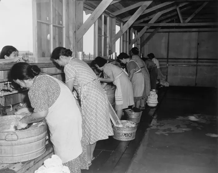 Framed Print : Japanese American women, laundering their families clothes in metal washtubs during their three month incarceration at Pinedale Assembly Center