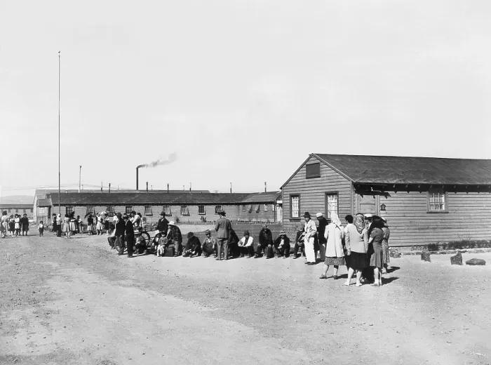 Framed Print : Japanese Americans amid the tar paper barracks of the Tule Lake Relocation Center in Newell, California