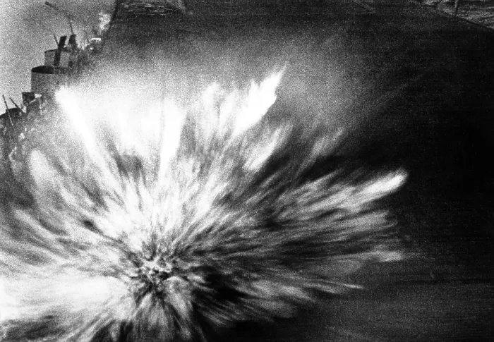 Framed Print : A Japanese bomb explodes on the flight deck of the USS Enterprise, Aug. 24, 1942