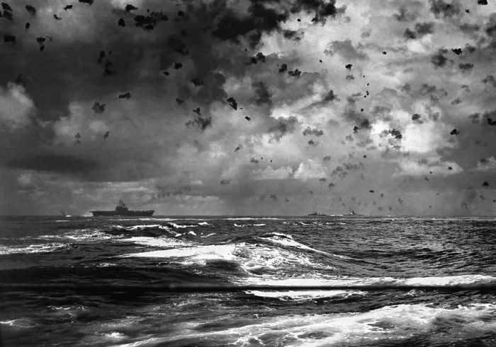 Framed Print : A Japanese bomb splashes near of the USS Enterprise during the Battle of Santa Cruz Island. Oct. 26, 1942 (BSLOC_2013-12_155)