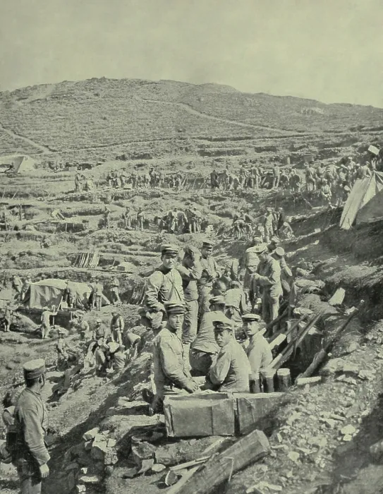 Framed Print : Japanese building dug-outs, trenches, and shelters in Manchurian hills in 1904-05. Russo-Japanese War (BSLOC_2017_18_113) Framed Print : Japanese building dug-outs, trenches, and shelters in Manchurian hills in 1904-05. Russo-Japanese War (BSLOC_2017_18_113)