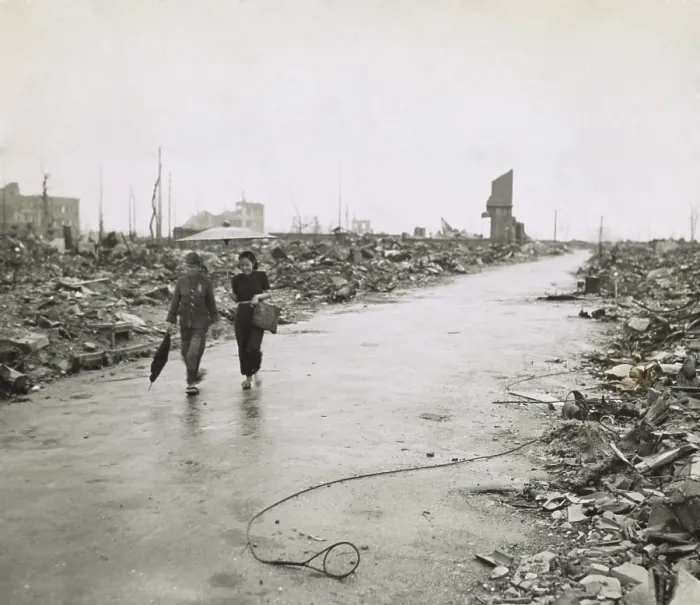 Framed Print : Two Japanese civilians walk through cleared path in Hiroshima's ruins. Sept. 7, 1945. (BSLOC_2014_6_87) Framed Print : Two Japanese civilians walk through cleared path in Hiroshima's ruins. Sept. 7, 1945. (BSLOC_2014_6_87)