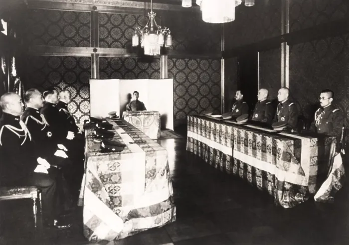 Framed Print : Japanese Emperor Hirohito conferred with military chiefs on the undeclared war in China. Jan. 1938. Right of Hirohito are Fleet Adm. Prince Fushimi; Chief of the Naval Gen Framed Print : Japanese Emperor Hirohito conferred with military chiefs on the undeclared war in China. Jan. 1938. Right of Hirohito are Fleet Adm. Prince Fushimi; Chief of the Naval Gen