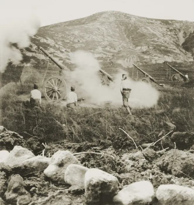 Framed Print : A Japanese field battery firing shells into Russian positions during the Siege of Port Arthur. Russo-Japanese War 1904-05 (BSLOC_2017_18_100) Framed Print : A Japanese field battery firing shells into Russian positions during the Siege of Port Arthur. Russo-Japanese War 1904-05 (BSLOC_2017_18_100)