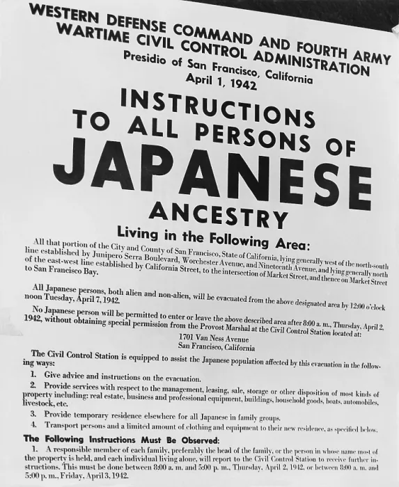 Framed Print : Japanese Internment. Exclusion order posted at First and Front Streets in San Francisco directing removal of persons of Japanese ancestry. Ca. Feb-April 1942