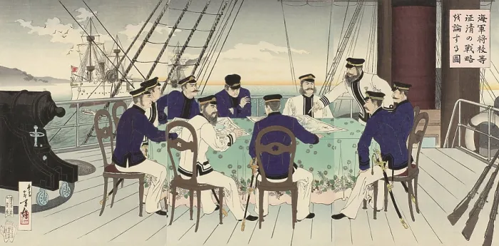Framed Print : Japanese naval officers plan for the naval Battle of the Yellow Sea, of September 1894, during the First Sino-Japanese War (BSLOC_2017_18_77)