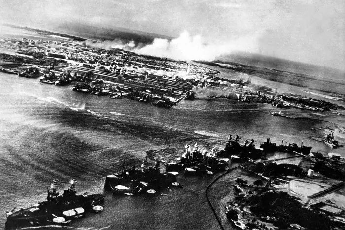 Framed Print : Japanese photograph taken during the attack on Pearl Harbor, Dec. 7, 1941. In the distance, the smoke rises from Hickam Field. (BSLOC_2013_11_136)