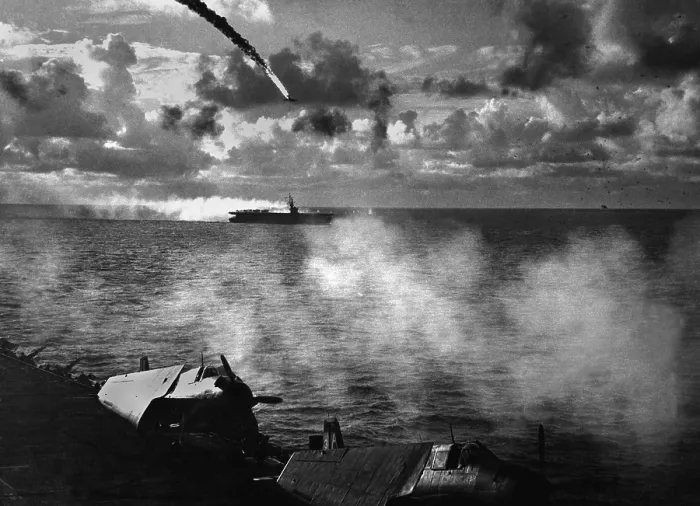 Framed Print : Japanese plane shot down during the Battle of the Philippine Sea, June 19-21, 1944. As U.S. naval forces supported the Mariana invasions, a Japanese fleet attacked. U.S