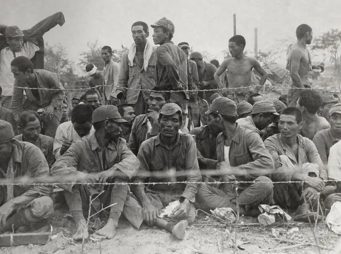 Framed Print : Japanese POWs in an enclosure during the Battle of Saipan. This unusual image shows a large group of Japanese prisoners, some of the over 900 who surrendered on Saipan