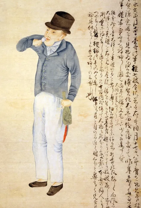 Framed Print : Japanese print of an American sailor drinking, colored woodcut ca. 1854