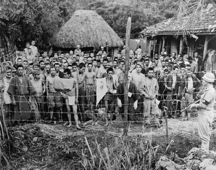 Framed Print : Japanese prisoners of war at Okuku, Okinawa Island in June 27, 1945 Framed Print : Japanese prisoners of war at Okuku, Okinawa Island in June 27, 1945