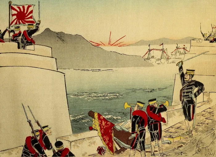 Framed Print : Japanese soldiers victorious on the citadel of Lushunkou (Port Arthur) in the Sino-Japanese War. Japanese forces captured the defenses of the Chinese strategic port on Nov