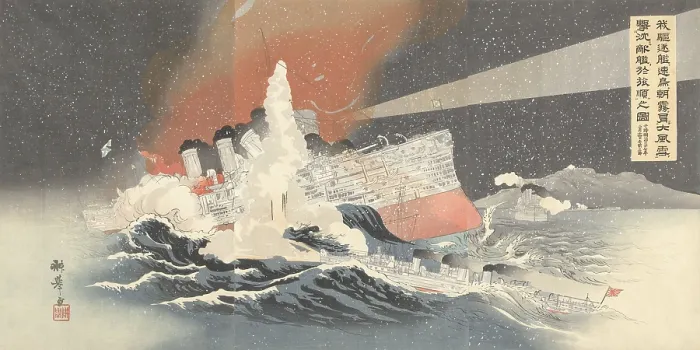 Framed Print : Japanese torpedo boats Hayatori and Asagiri destroy Russian ships in Port Arthur. Russo-Japanese War 1904-05