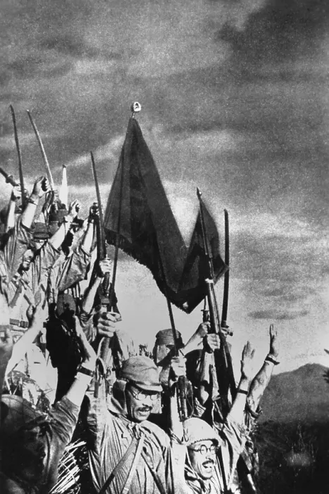 Framed Print : Japanese troops celebrating their victory over U.S. and Filipino forces at Bataan. World War 2, Philippine Islands, ca. 1942. (BSLOC_2013_11_207)