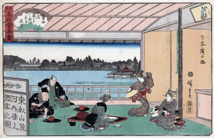 Framed Print : Japanese woodcut of Drinking party with Geishas at teahouse Kawachiro. By Hiroshige Ando, ca. 1840