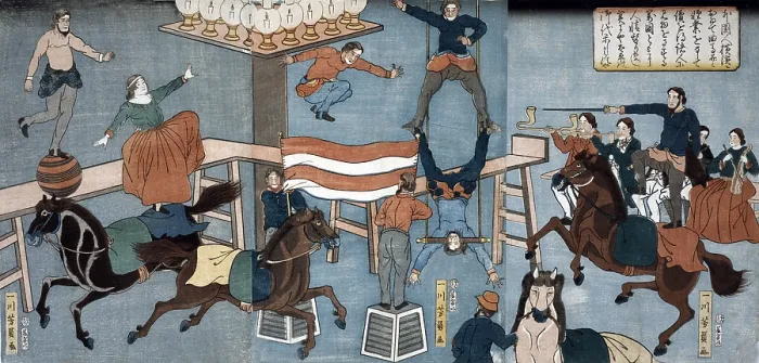 Framed Print : Japanese woodcut by Yoshikazu Utagawa (fl. 1848-1863), shows a foreign circus performing in Yokohama, Japan. 1864