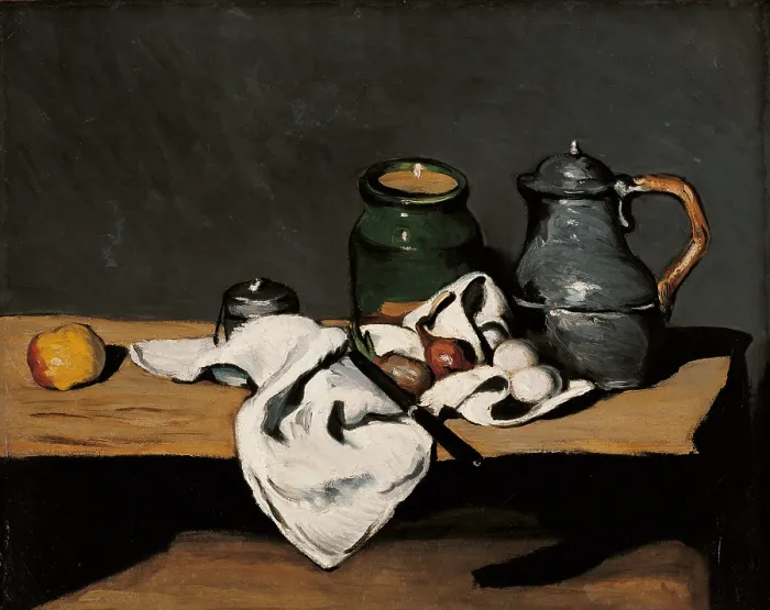 Framed Print : Jar, Coffee Pot and Fruit, by Paul Czanne, 1877, 19th Century, oil on canvas - France, Paris, Muse d'Orsay. Whole artwork view