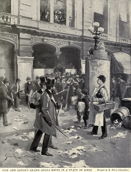 Framed Print : Jay Gould and Jim Fisk are besieged in their office by stick carrying victims of their gold price manipulation
