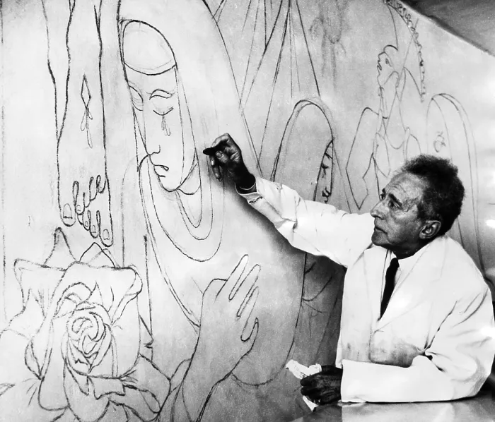Framed Print : Jean Cocteau works on a mural in the Lady Chapel of the French Church of Notre Dame in London, 1959. Courtesy: CSU Archives / Everett Collection
