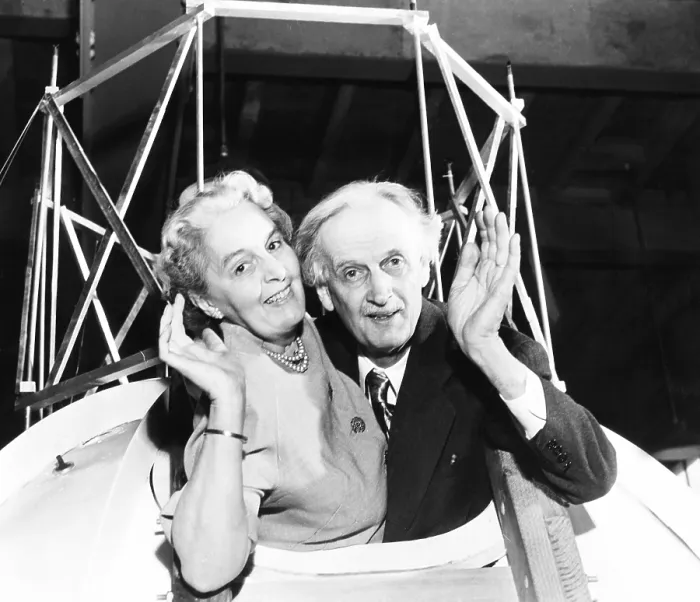 Framed Print : Jean and Jeannette Piccard in the gondola of Piccard's 1934 ascension to the stratosphere. March 17, 1952