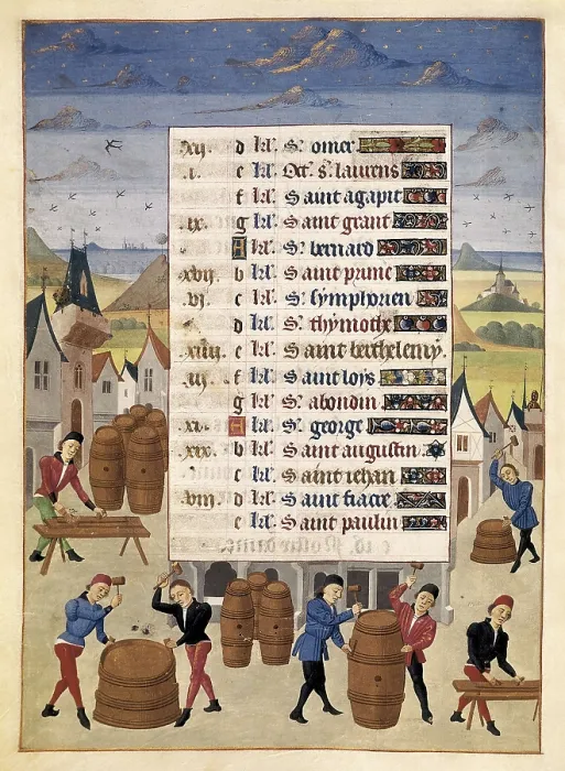 Framed Print : JEAN ROLIN, Maestro de(15th c.); ADELAIDA DE SABOYA, Maestro de(15th c.). The Hours of Adelaide of Savoy, Duchess of Burgundy. 1460-1465. Month of August. Manufacture of barrels Framed Print : JEAN ROLIN, Maestro de(15th c.); ADELAIDA DE SABOYA, Maestro de(15th c.). The Hours of Adelaide of Savoy, Duchess of Burgundy. 1460-1465. Month of August. Manufacture of barrels