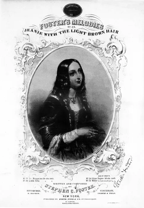 Framed Print : Jeanie With The Light Brown Hair, song by Stephen Foster, sheet music featuring a portrait of Foster's wife Jane McDowall, 1854 Framed Print : Jeanie With The Light Brown Hair, song by Stephen Foster, sheet music featuring a portrait of Foster's wife Jane McDowall, 1854