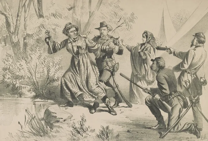Framed Print : Jefferson Davis and his wife Varina are arrested by Union soldiers on the morning of May 10, 1865, in Irwinville, Georgia Framed Print : Jefferson Davis and his wife Varina are arrested by Union soldiers on the morning of May 10, 1865, in Irwinville, Georgia