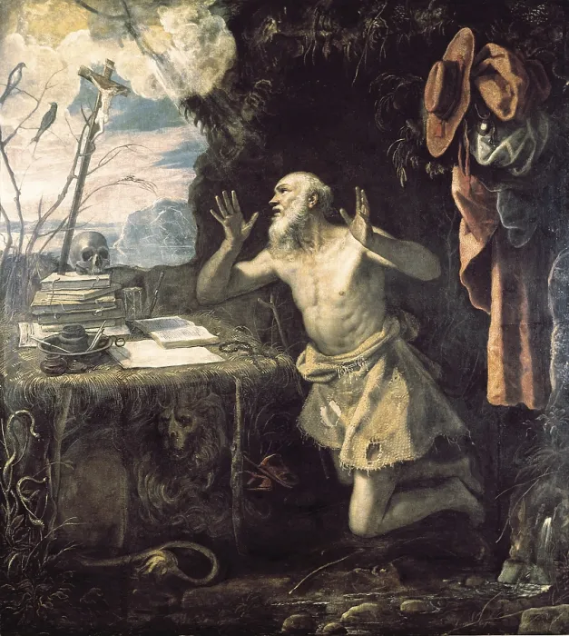 Framed Print : JEROME, Saint (347-420). Father and doctor of the Church. Work by ROBUSTI, Domenico 'Tintoretto II' (1560-1635). Renaissance art. Cinquecento. Venetian school