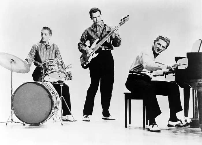 Framed Print : Jerry Lee Lewis (b.1935), right, in Warner's film, JAMBOREE, 1958 Framed Print : Jerry Lee Lewis (b.1935), right, in Warner's film, JAMBOREE, 1958