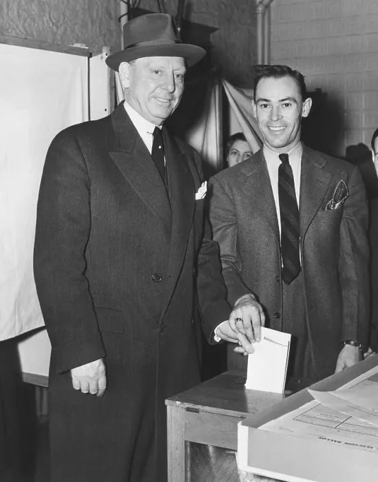 Framed Print : Jersey City Mayor Frank Hagen (left) casting his vote in the general election on Nov. 5, 1941. He was a powerful, entrenched, old style city boss and was Mayor from 1917 to 1947