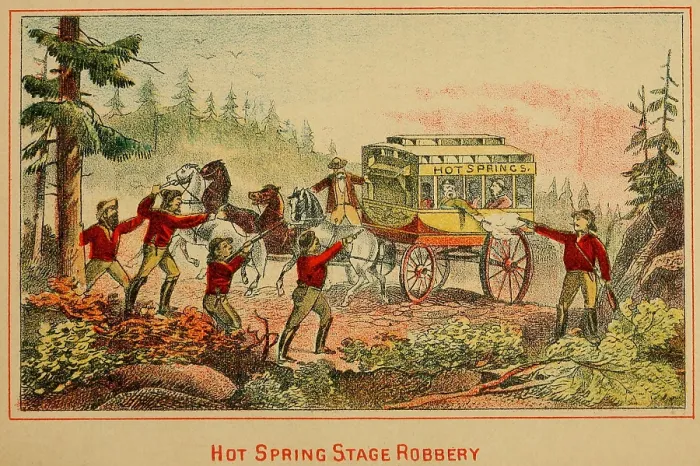 Framed Print : Jesse and Frank James, Cole, John, and Bob Younger, robbed the Hot Springs Stage on January 15, 1974. They robbed the passengers and the mail bags, collecting $2, 000