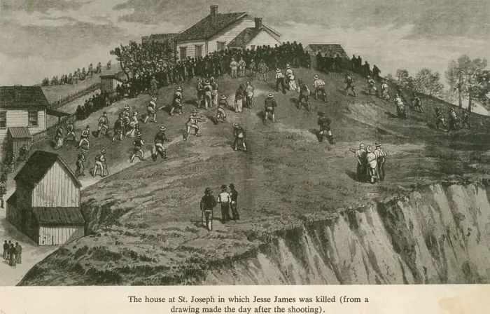 Framed Print : Jesse James death occurred in this house at St. Joseph, Missouri. Wood engraving from a drawing made the day of the shooting, April 3, 1882